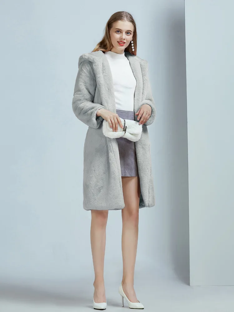 Light Gray ZADORIN розовый мех с капюшоном длинный рукав тонкий теплый зимний женский искусственный мех кролика пальто длинные меховые куртки корейского размера плюс пальто - Цвет: Light Gray