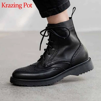

krazing pot vintage genuine leather round toe thick low heel gladiator lace up fashion carving decoration oxford ankle boots l11