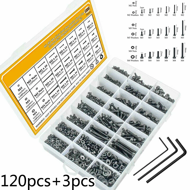 

1200pcs Hexagon Bolts Screws & Nuts M2 M3 M4 Gaskets Hardware Fasteners 12.9 Grade Alloy Steel For Electrical Connections