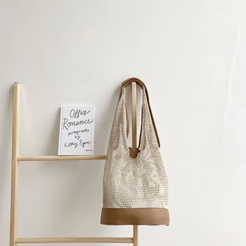 

2020 New Woman Bags Japan Style Net Handbag Youth Mesh Small Bucket Bag Hollow out Ladies Shoulder Bag Chic Folded Beach Bag Set