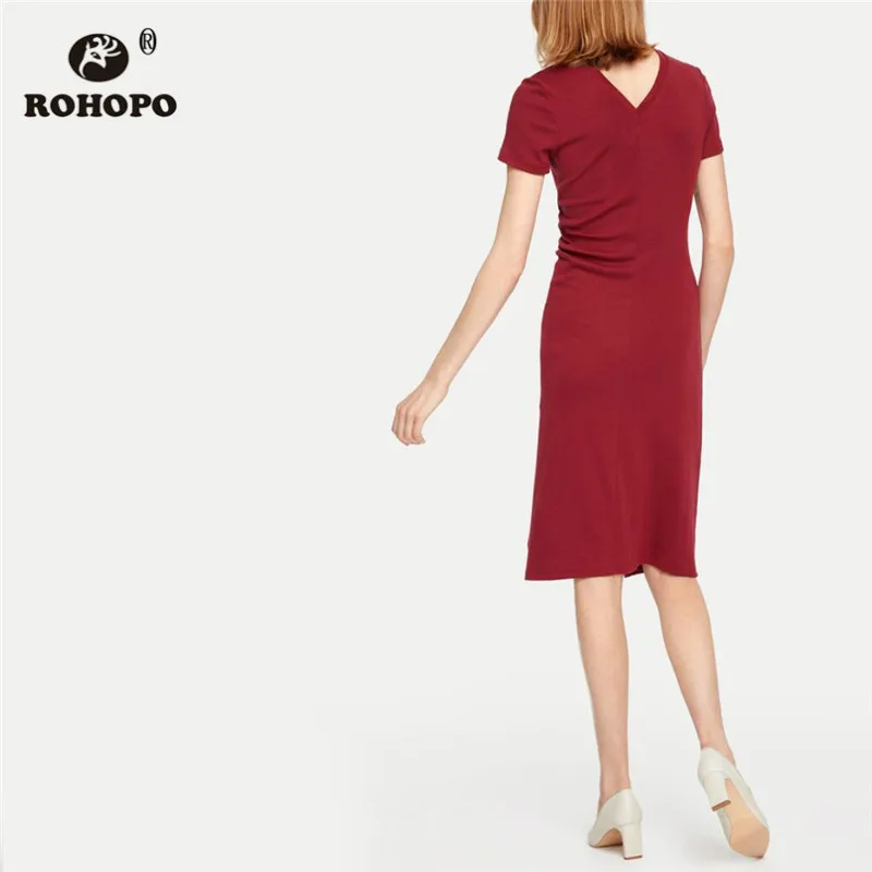 ROHOPO, круглый воротник, короткий рукав, Джерси, красное, облегающее, до колена, платье, сзади, v-образный вырез, галстук, талия, разрез, подол, женское, оболочка, халат#6479