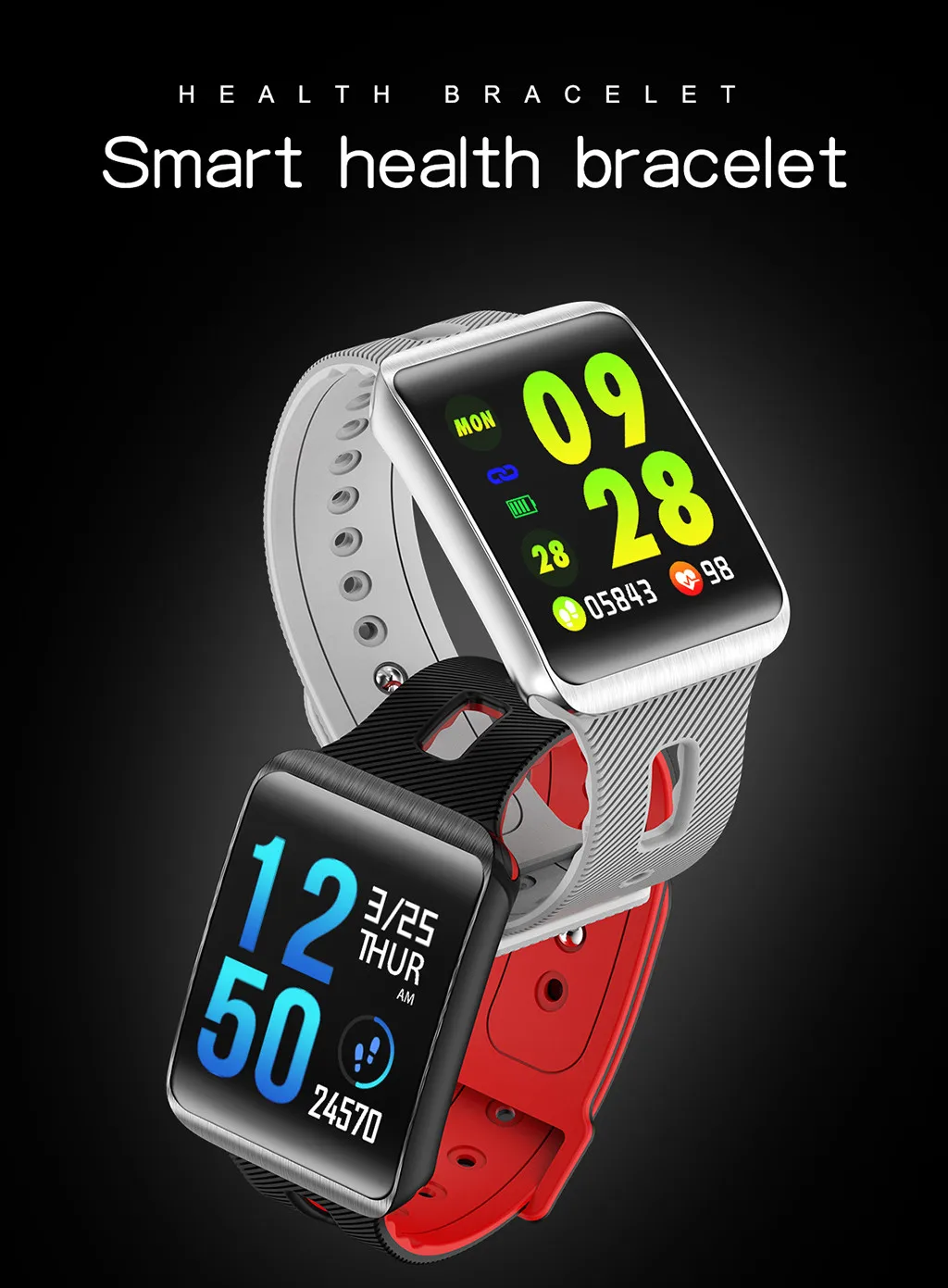 Smart Watch Heart Rate Tracker Blood Pressure Calories Dynamic Heart Rate Blood Pressure Detection Time