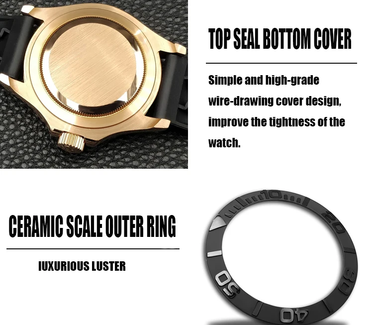 Automatic Mechanical Watch Men Top Luxury Brand Mens Watches Black Ceramic Outer Ring Gold Stainless Steel Silicone Watch CASENO