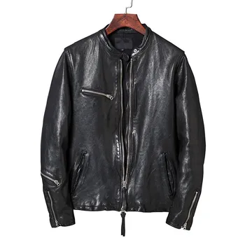 

2020 Black Men Slim Fit Biker's Jacket Stand Collar Genuine Sheepskin Spring Fashion Motorcycle Leather Coat