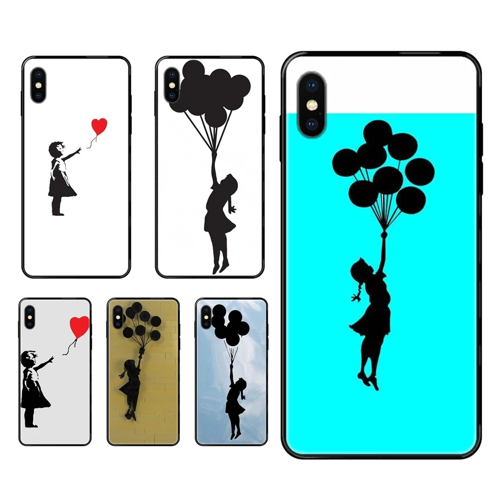 Черный мягкий ТПУ ультратонкий мультяшный узор Banksy воздушный шар девушка на