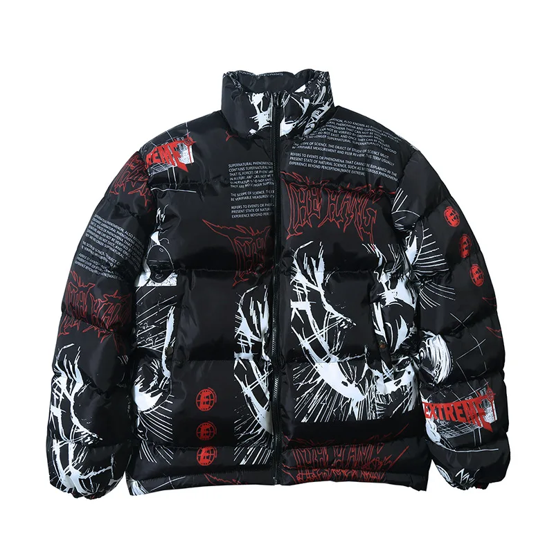 

Men Windbreaker Harajuku Winter Padded Jacket Coat Warm Outwear Hip Hop Jacket Parka Japanese Cartoon Graffiti Streetwear