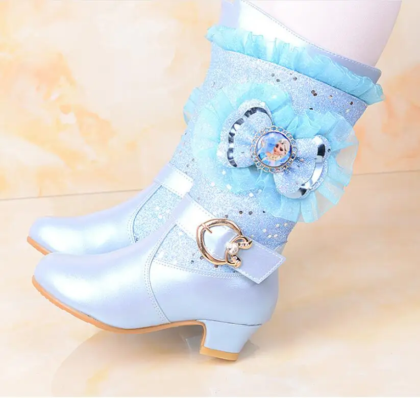 New Princess Elsa Boots Girls Pink Glitter Girls Shoes High Heels Autumn Winter Girls High Boots Velvet For Party Shoes