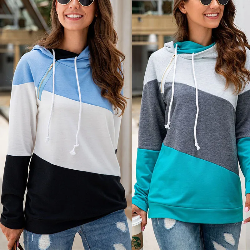 

Side Zipper Drawstring Hooded Pullover Casual Patchwork Hoodie Sweatshirts Fashion Geometry Harajuku Hoody Outwear Sweat Femme