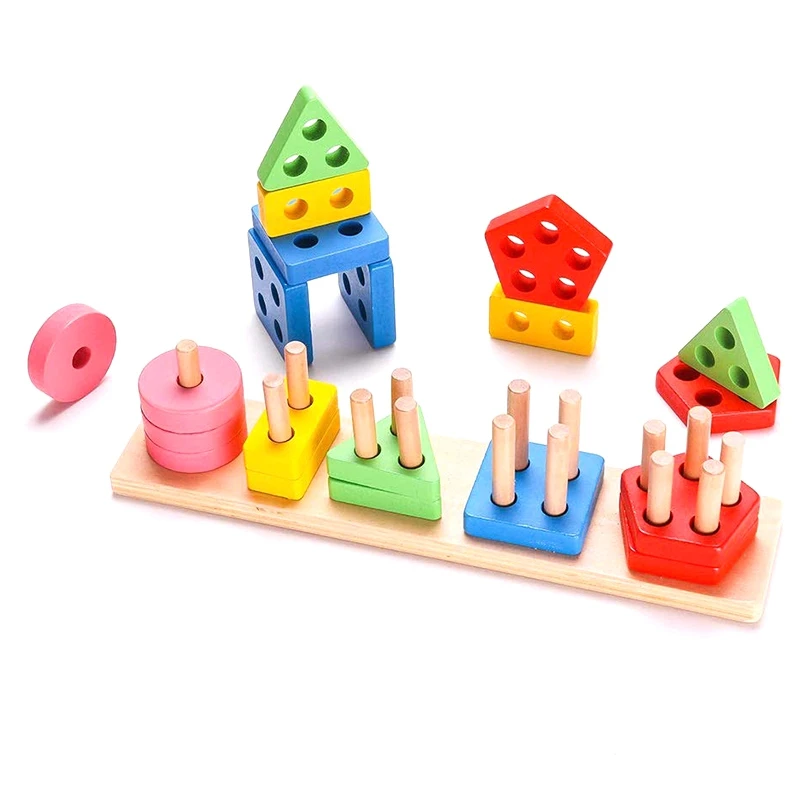 Wooden Educational Geometric Toys Preschool Learning Shape Color Recognition Geometric Stacking Blocks Children's Geometric Clas