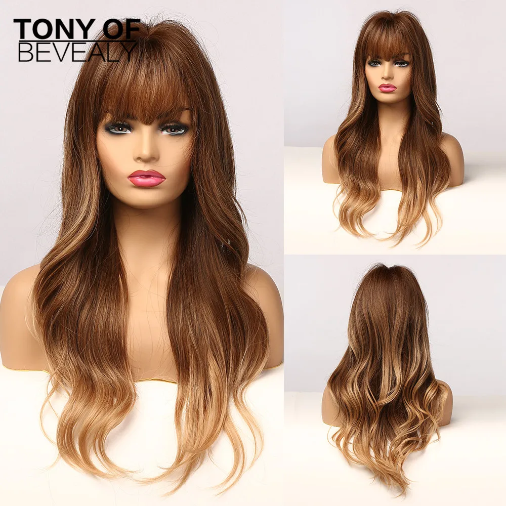 

Long Wavy Ombre Brown Natural Hair Wigs With Bangs For Afro Women Daily Cosplay Heat Resistant Synthetic Hair Wigs