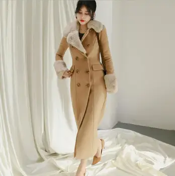 

2020 Autumn Winter High Quality Long wool coat Women Vintage Elegant Fur Collar Slim waist Warm Woolen Coat Outwear s74