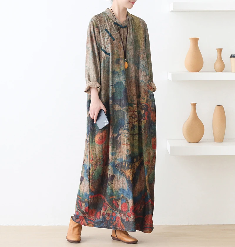 New Autumn Maxi Dresses for Women Vintage Loose Long Sleeve Dress Women Knitting RetroRabbit Hair Printed Robe Winter Vestidos