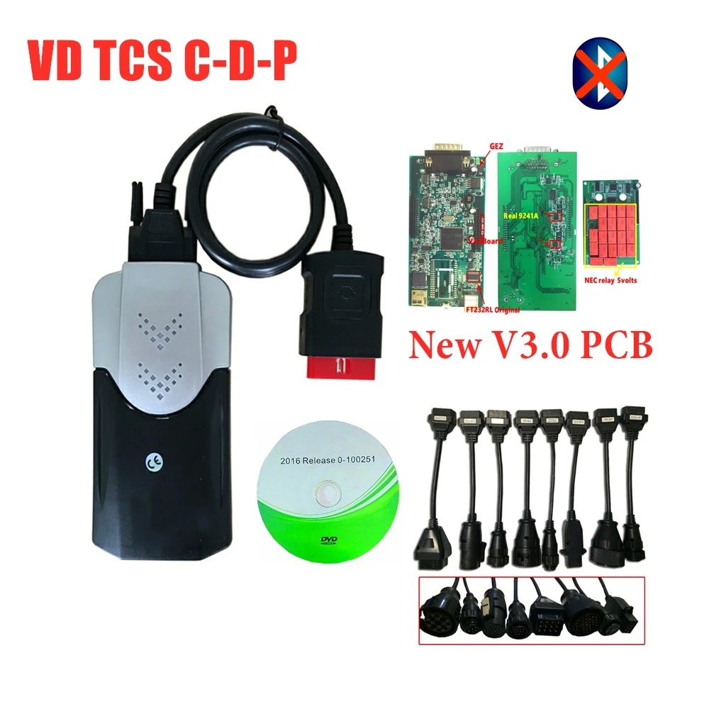 VD TCS C-D-P 3,0 зеленая печатная плата с bluetooth 2016R0/,3 keygen obd vd ds150e c-d-p для delphis obd2 автомобильный сканер+ 8 шт. грузовых кабелей - Цвет: without bluetooth