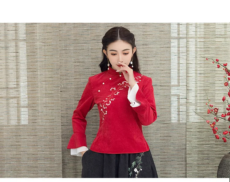 Sheng Coco блузки Hanfu Китайский стиль Cheongsam топы с длинными рукавами в виде листьев лотоса костюм Тан женский хлопок вышивка Qipao рубашка