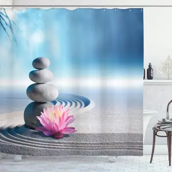 

Spa Shower Curtain, Stones and Lotus Flower Over Sand Meditation Harmony Balance Flourish Your Spirit, Cloth Fabric Bathroom