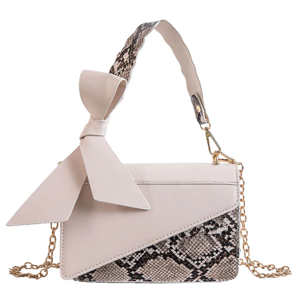 

Female 2019 Snake Pattern Patchwork Handle Bag Ladies Bowknot Strap Single Shoulder Messenger Bag Chain Small Square Bag