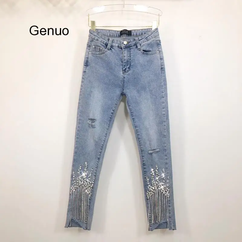 Holes Denim Pants Lady 2020 Spring Summer Clothing New Heavy Studded Bead-fringed Drilled High-waist Slim Nine-cent Jeans Girls