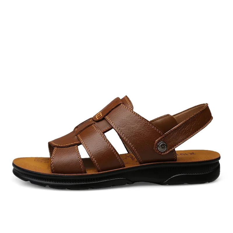 Brown Brand Men Sandals Genuine Leather Beach Roman Sandals Men Casual Shoes Flip-Flops Men Slippers Sneakers Summer Shoes - Цвет: Brown
