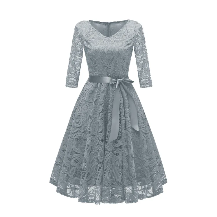 Autumn Lace Autumn Party Dresses 3/4 Sleeve V-Neck Casual Women Dress Hollow Out Robes Plus Size 2XL Vestidos de Festa - Цвет: 8