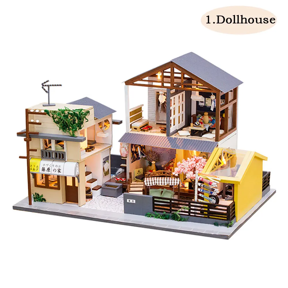 Миниатюрная модель японского кукольного домика, деревянная мебель С Пылезащитным покрытием, светодиодный пазл, сборные наборы, игрушки для детей, подарок на день рождения - Цвет: house