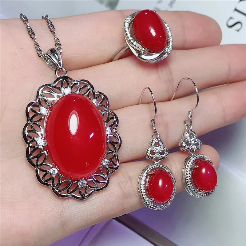 Red Jadery натуральный синий красный розовый халцедон нефрит ювелирные наборы 925 пробы Серебряное ожерелье/серьги/кольцо женские ювелирные изделия Черная пятница - Цвет камня: Red