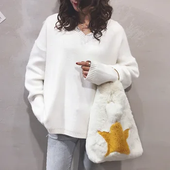 

Autumn And Winter Faux Fur Star Pattern Soft Women Metal Ring Tote Shoulder Bag Large Capacity Handbag Female Pouch Bucket Bag