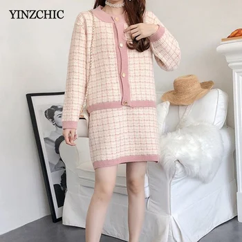 

New Woman Knitted Two-pieces Suits Female Plaid Open Stitch + Mini Dress Set Autumn Knit Womans Sets Winter Warm Suit