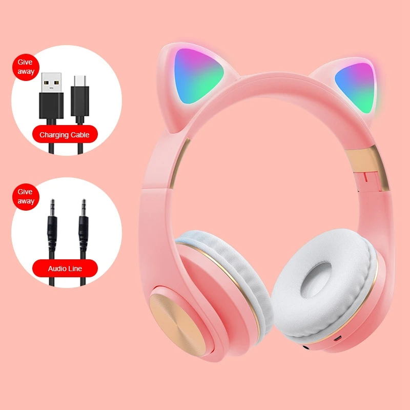 Bluetooth Headphones Cat Ear LED Light Up Wireless Foldable Headphones over Ear for Smartphones Laptop PC TV