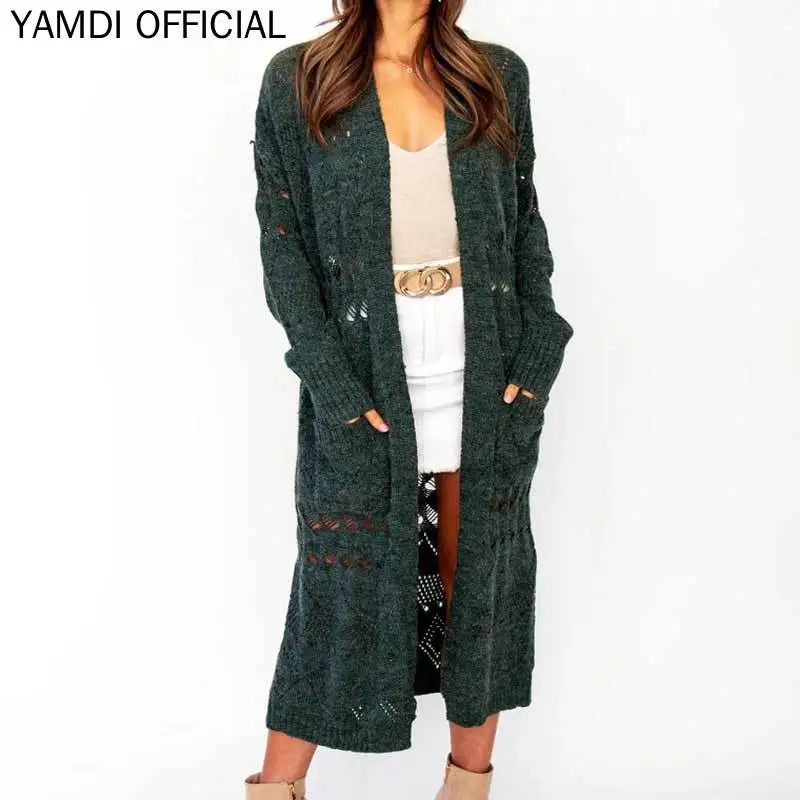 YAMDI полый однотонный зеленый свитер куртка Женский винтажный элегантный длинный кардиган осень зима богемный женский шикарный свитер