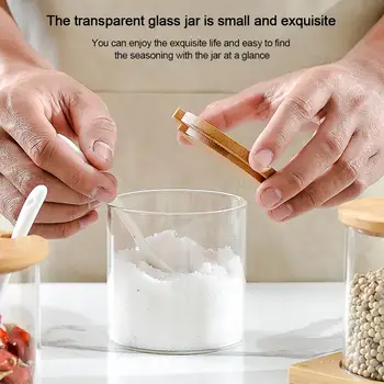 

3pcs 325ml Transparent Glass Spice Racks Small Bamboo Seasoning Jar Box Set Household Condiment Containers For Kitchen Utensils