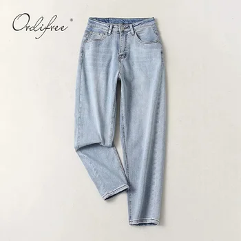 

Ordifree 2020 Women High Waist Boyfriend jeans Light Blue Cotton Stretch Loose Casual Denim Pants Trousers