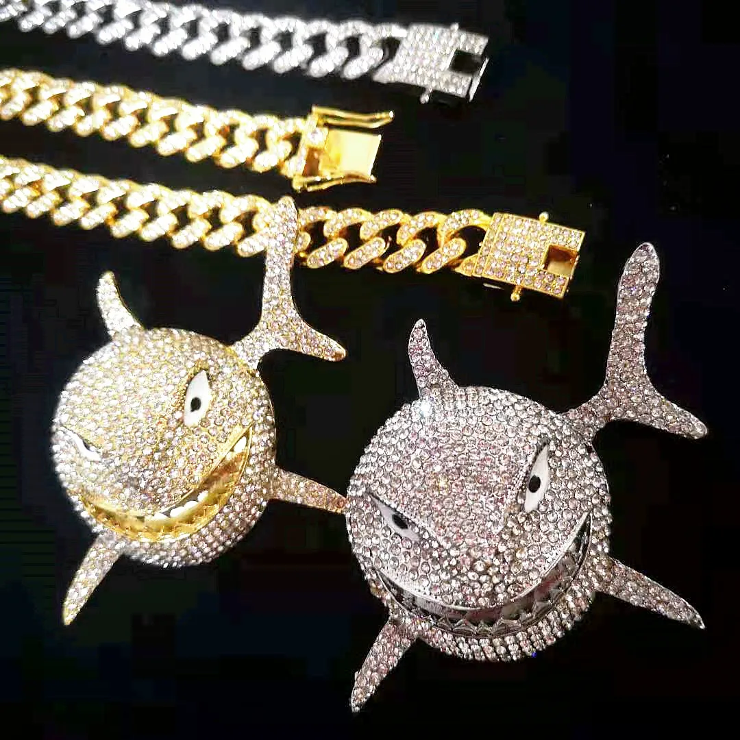 

Big Size Shark Pendant Necklace for Mens Hip Hop Jewelry Bling Full Iced Out Miami Cuban Chain Gold Fashion Jewelry Men Choker