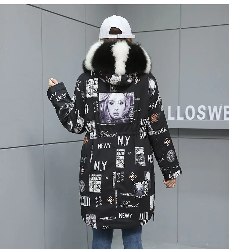 Fur Parkas Highstreet Allover Printed Real Fox Fur Collar Hooded Rabbit Fur Lining Long Coat Women Winter Casual Plus Outwear