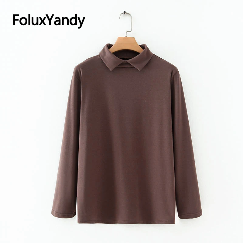 

Turn-down Collar Casual T-shirts Long Sleeve Tops Women Loose Solid Spring Autumn Plus Size Tops KKFY4311