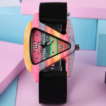 

Fashiom Women Men Wood Watch Creative Triangle Shape Dial Arabic Number Clock Watches Nylon Leather Bracelet Quartz Wristwatches