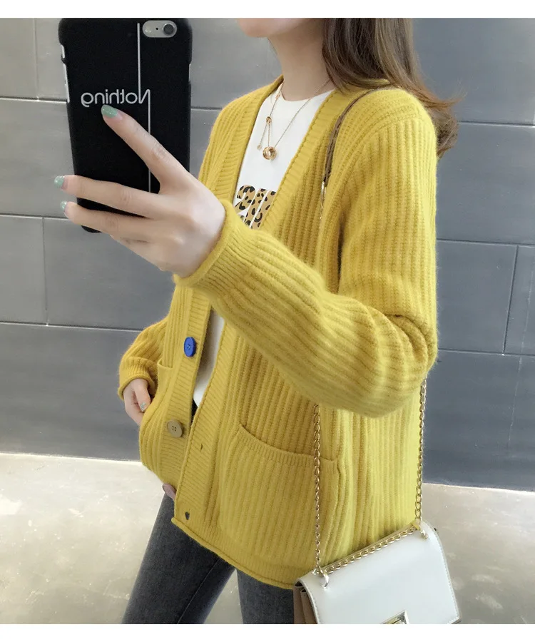 Корейский женский свитер кардиган двойной карман дизайн Женский вязаный кардиган, вязаный свитер осень зима топы NS4366