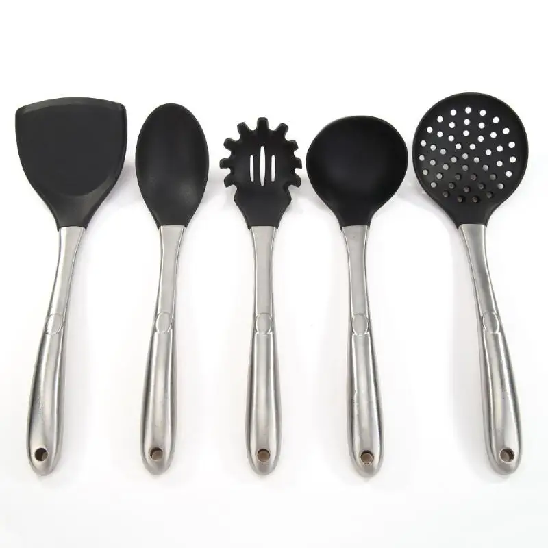 

Non-Stick Cookware Silicone Kitchenware Cooking Spoon Utensil with Stainless Steel Handle Design of Hook with Hole Easy Clean
