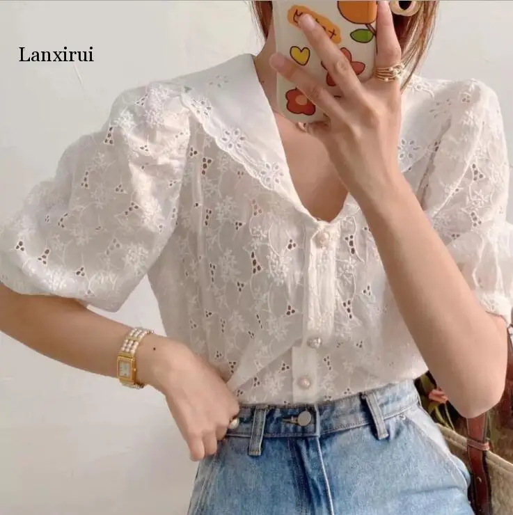 

Spring And Summer Women'S New Organza Embroidery Flower Blouse Sexy Transparent Blouses Suntan Unlined Upper Garment