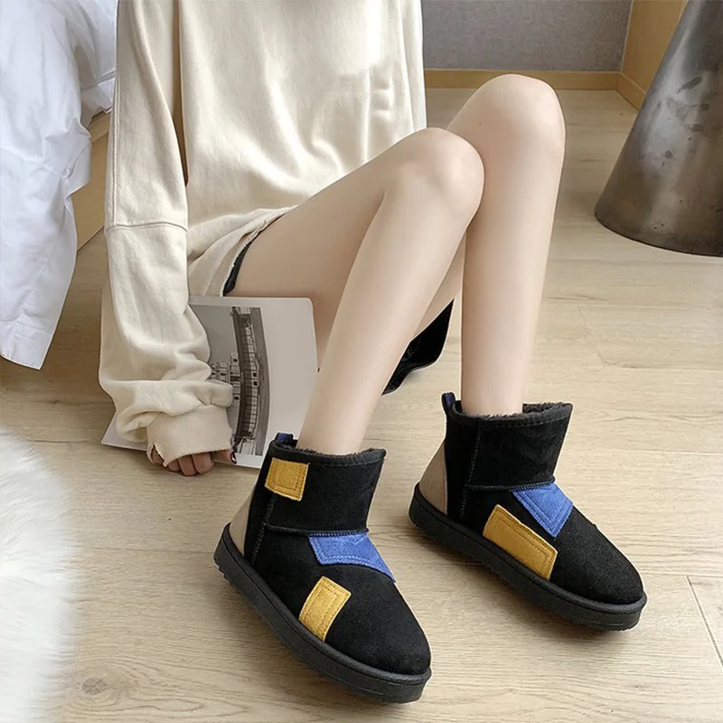 

Women's Snow Boots Ladies Mixed Color Slip On Flat Platform Women Flock Woman Warm Fur Plush Ankle Boots Female Fashion Shoes