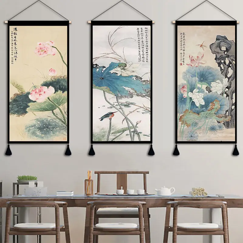 

Chinese Ink Lotus Wall Art Canvas Painting Living Room Decor Aesthetic Wall Tapestry Hanging Scroll Painting Home Decoration