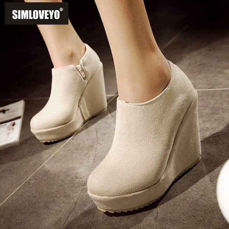 

SIMLOVEYO 2019 New wedge platform Boots Zipper Flock Solid casual shoes for women Black Pink Round toe Booties mujer femme