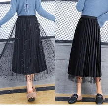 2 Side Wearable Polka Dot Pleated Skirt Velvet High Waisted Long Skirts Womens Maxi Skirt Women School Beach Female Skirts
