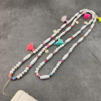 

Boho White color Wood Bead Handmade Necklace ID Work Card Rope Chain Mobile Phone Keychain Mobile Phone Lanyard Dropshipping