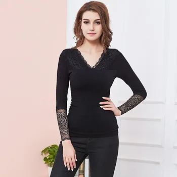 

Goddess Clothing plus Velvet Base Shirt Thermal Underwear Thick Body-hugging Slim Fit Lace HEATTECH Winter Warm Coat Women's