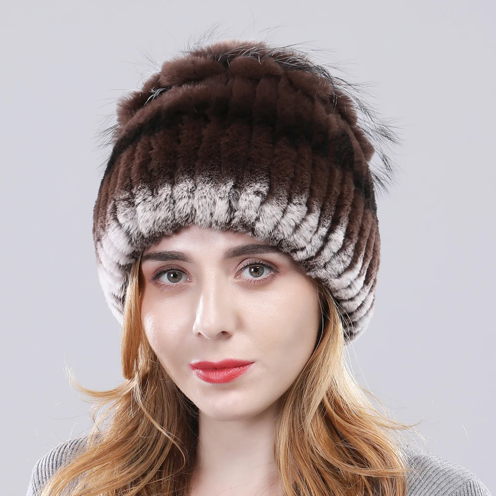 Women Real Rex Rabbit Fur Hats Lady Handmade Knitted Striped Genuine Rex Rabbit Fur Cap Winter Warm Fashion Fur Beanies
