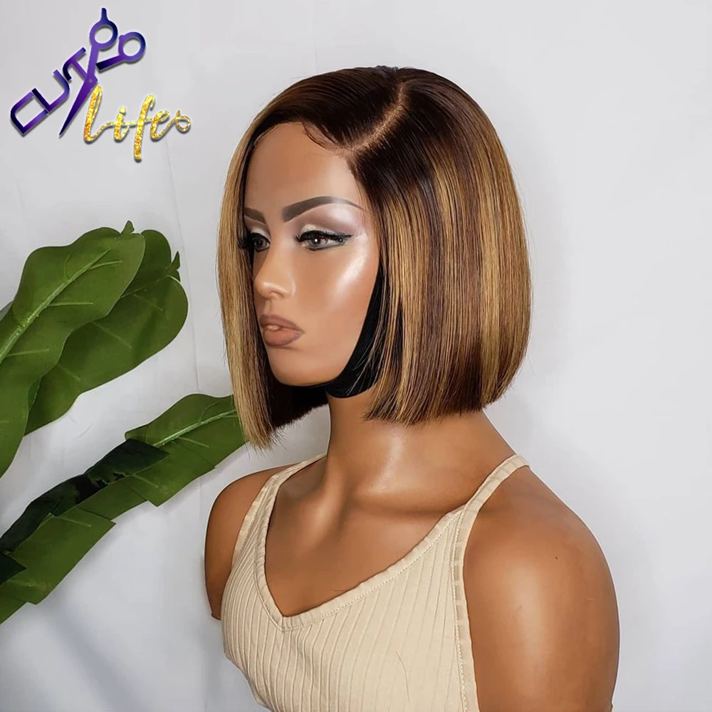 Highlight Color Short Cut Wavy Bob Pixie Wig 13X4 Lace Front Wigs Peruvian Human Hair Wigs Straight Pre plucked For Black Women