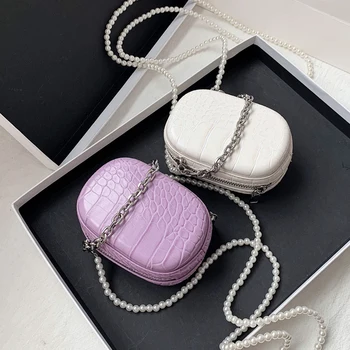 

Mini Box Design Crocodile Pattern PU Leather Crossbody Bags For Women 2020 Summer Shoulder Handbags With Pearl Shoulder Belt