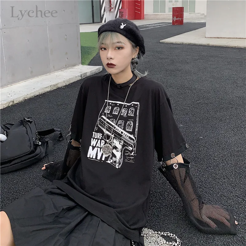 Lychee Harajuku/женские футболки с принтом пистолета, топ-футболка, поддельные женские футболки 2 шт., топы-футболки с кольцом и сеткой, Лоскутная Женская футболка с круглым вырезом