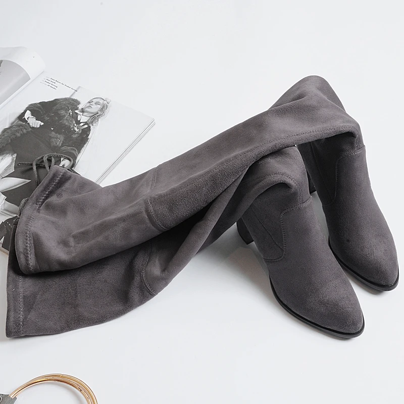 Lucyever/женские теплые ботинки г., осенне-зимние сапоги выше колена эластичные длинные ботиночки для отдыха из коровьей замши, женская обувь на каблуке - Цвет: Темно-серый