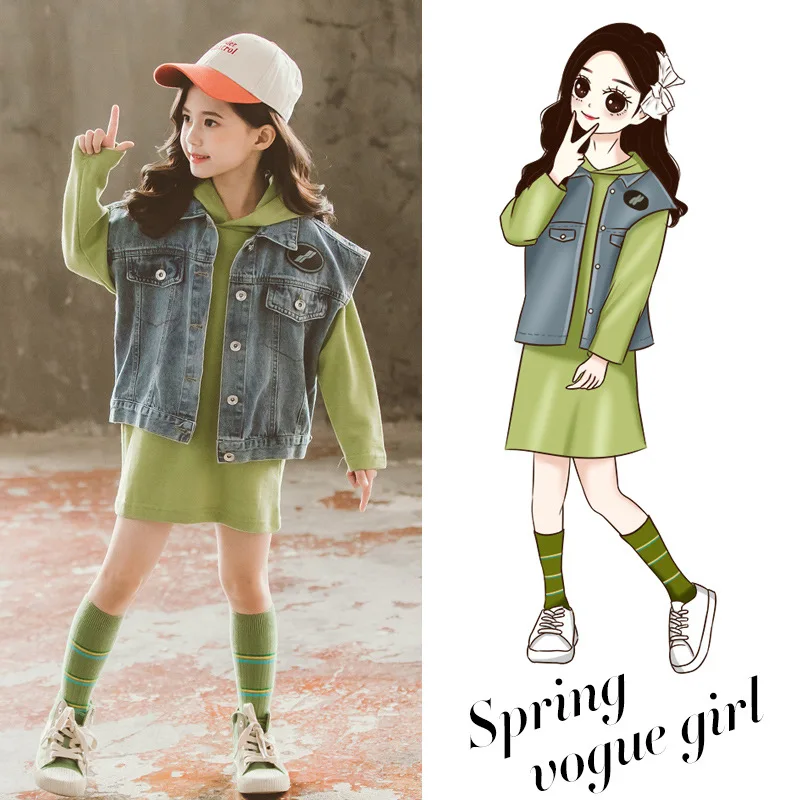 

Girls Spring Clothing 2020 New Style Korean-style Western Style Big Boy Cowboy Pullover Hoody Two-Piece Set 1803c-8217
